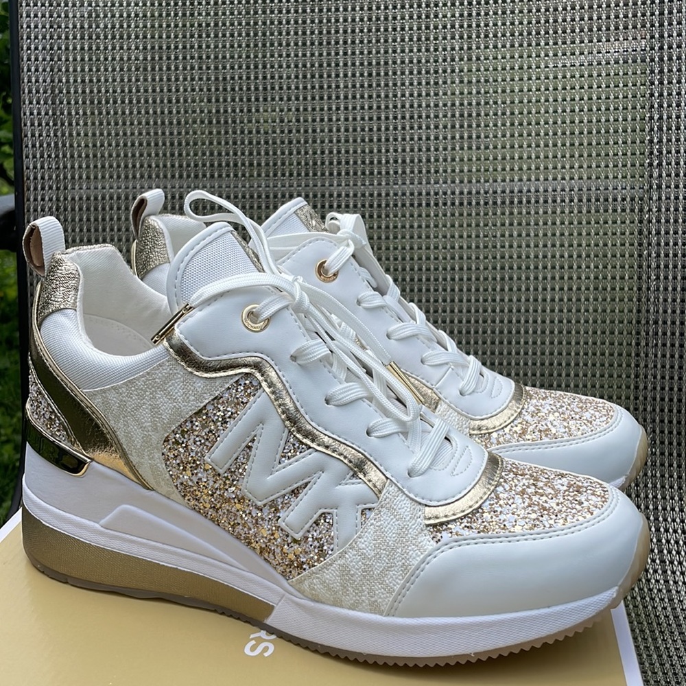 Michael Kors Crysta trainer pale gold chunky glitter wedge shoes sneakers 9.5 - Picture 3 of 10